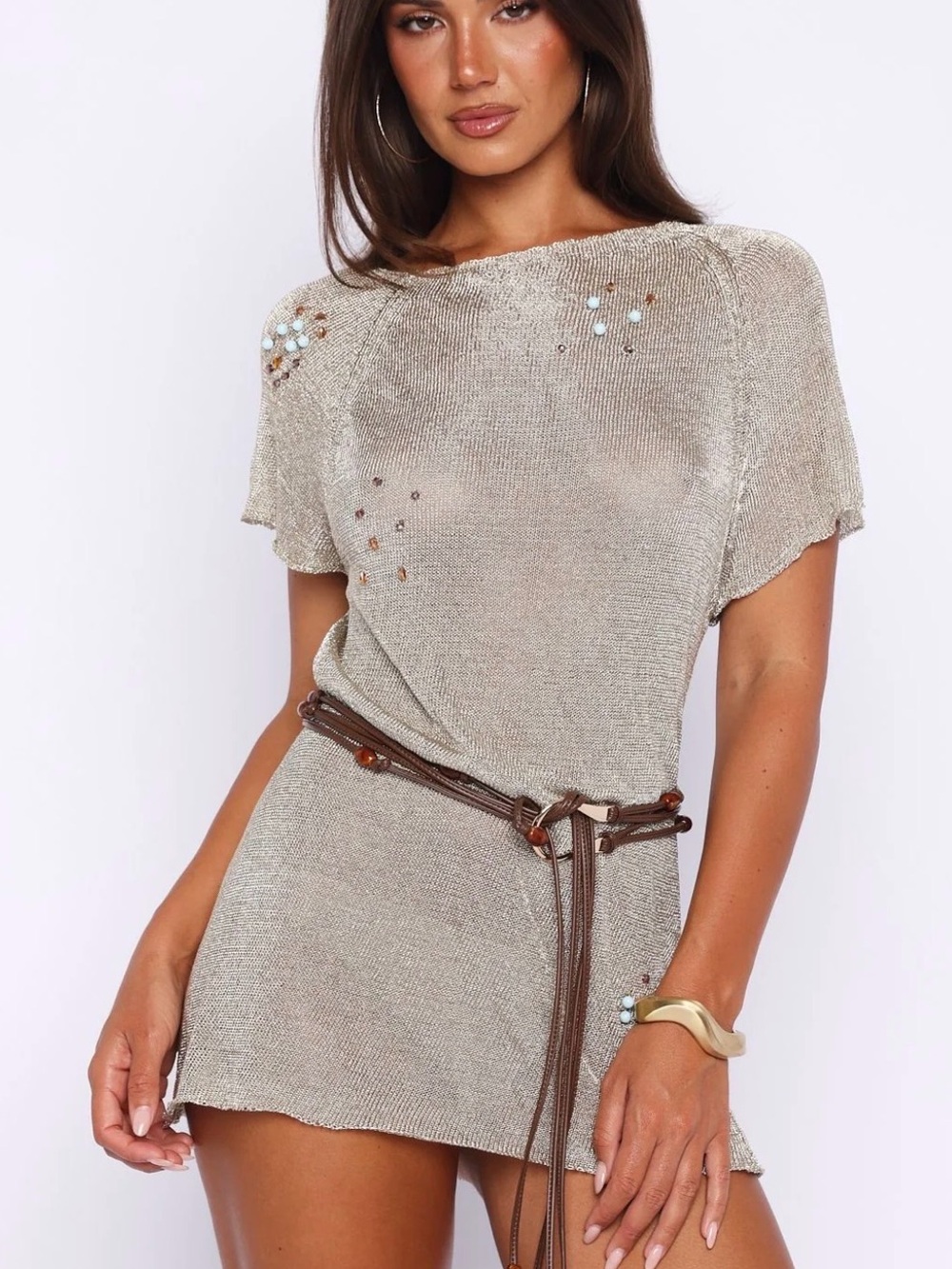 White Fox Boutique Metallic Taupe Mini Dress with Embellishments no belt
